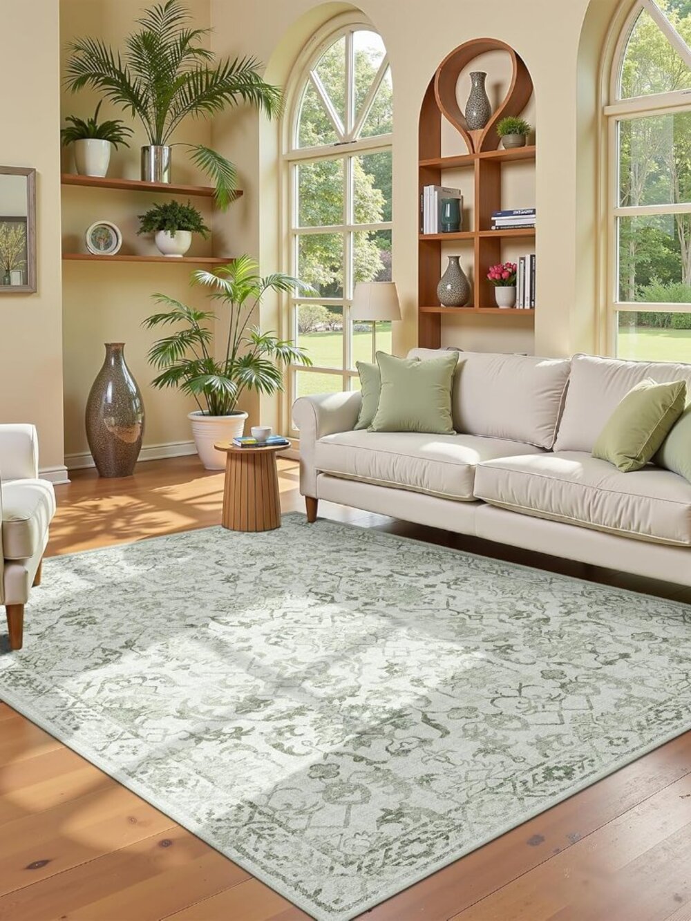 Sage Vintage Area Rug 3x5 for Living Room Bedroom, Washable Distressed Farmhouse - Picture 3 of 8